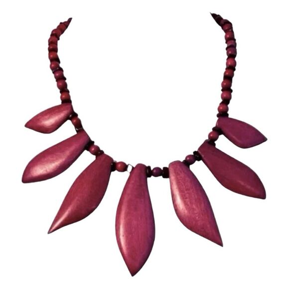 Vintage Statement Necklace Purple Plum Wood Stone Graduating Tear Drops Adjustab - Picture 3 of 3